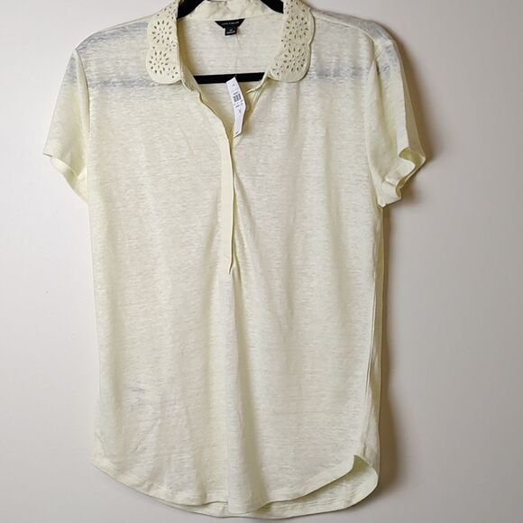 Ann Taylor Peter Pan Lace Collar Linen Top Semi Sheer Light Yellow Size M NWT - Picture 1 of 10